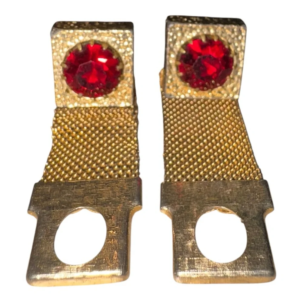 Vintage Gold Tone Mesh Wrap Cufflinks Red Rhinestone 1960s J42